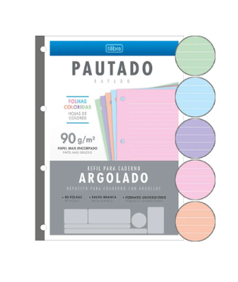 imagem Refil para Caderno Argolado Folhas Coloridas Pautado Tilibra 80fls